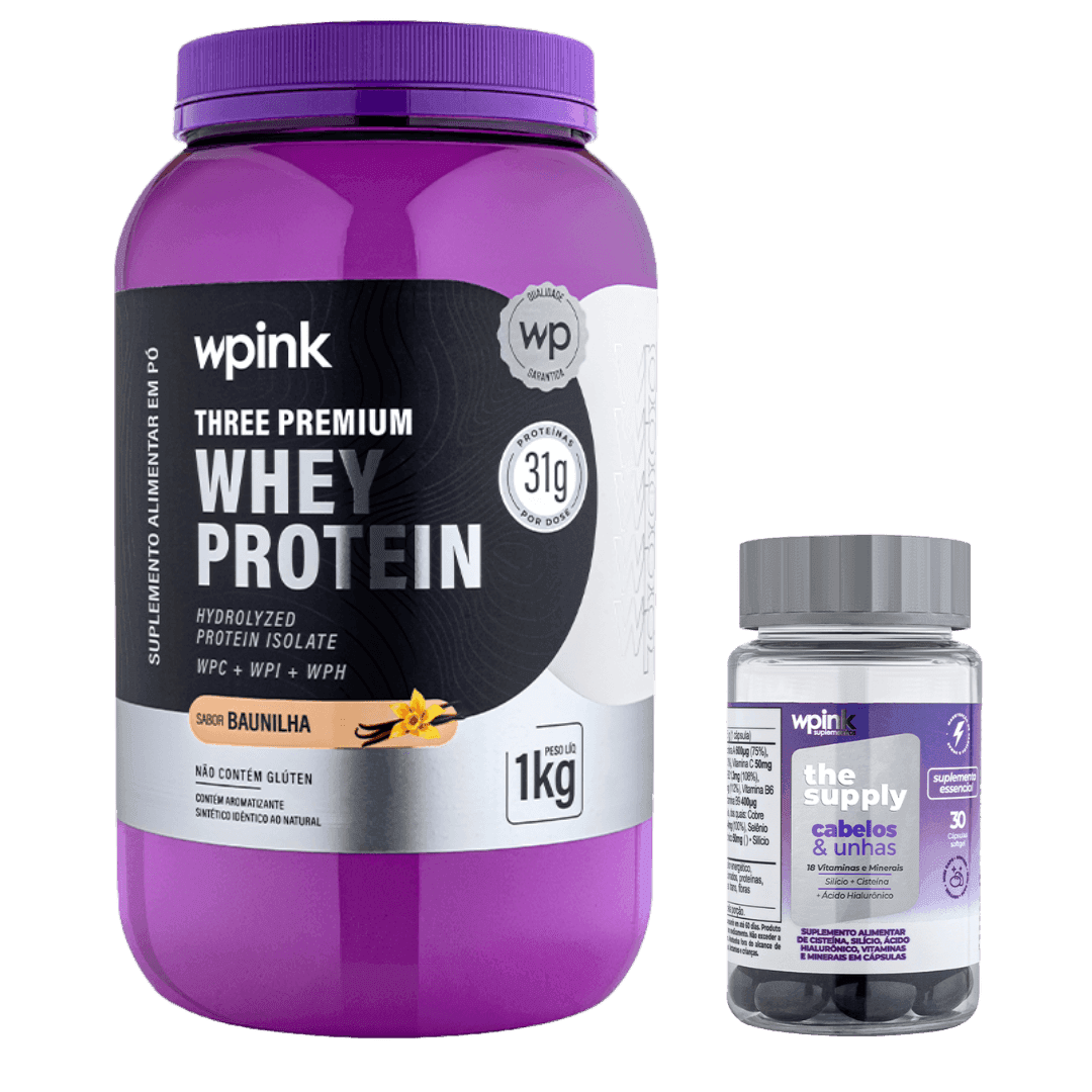 three premium whey protein baunilha 3W 1kg + cabelos e unhas - wp