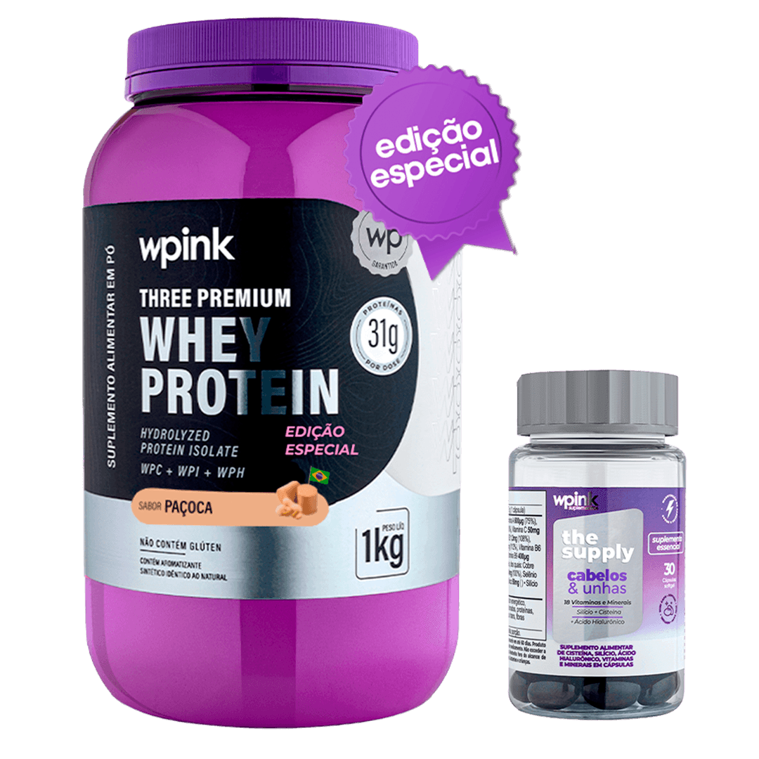 three premium whey protein paçoca 3W 1 kg + cabelos e unhas - wp